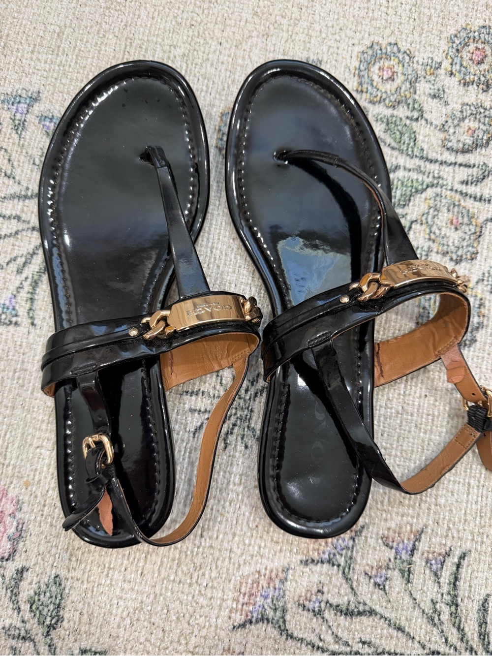 Coach Black Patent Leather Thong Sandals with Gold Accent